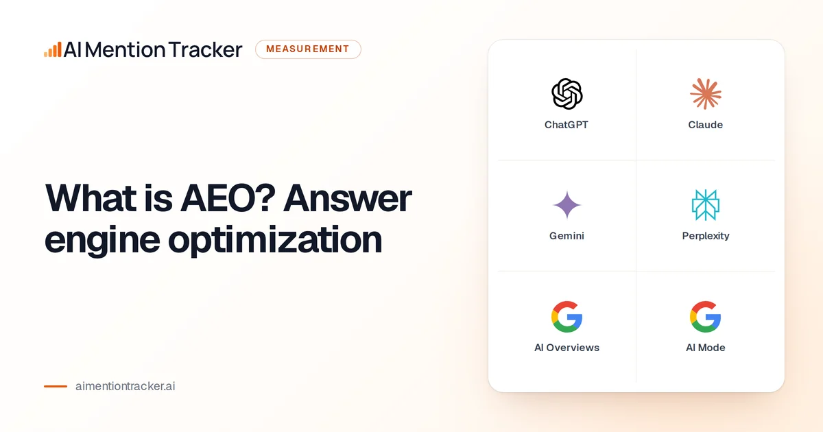 What is AEO? Answer engine optimization, set beside the logos of ChatGPT, Claude, Gemini, Perplexity and Google